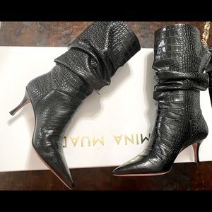 Amina Muaddi Ida croc boots in size 7